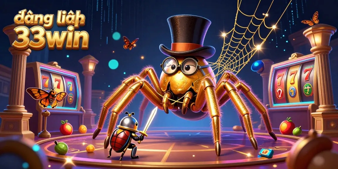 Engage with the thrilling world of đăng nhập 33win, featuring the golden tarantula and beetle knight in an explosive casino scene.