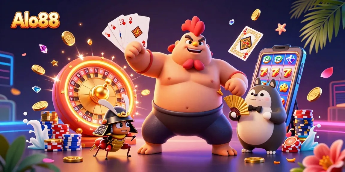 Alo88 players experience thrilling gaming with colorful characters in a vivid casino scene