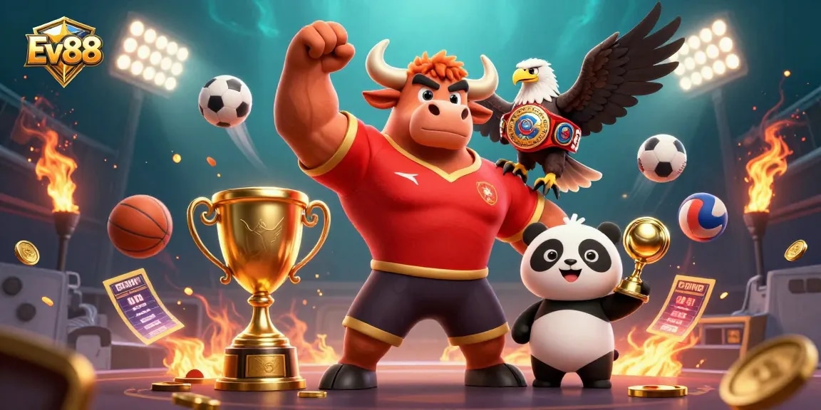 Experience thrilling gameplay at Ev88 with a dynamic scene of a victorious bull mascot and friends celebrating.