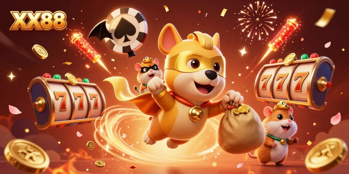 Engage with exciting slots at XX88, featuring a superhero dog and vibrant casino elements.