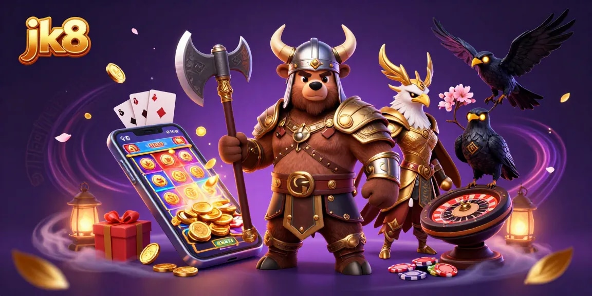 jk8 entertains players with exciting 3D cartoon Viking and Valkyrie characters amidst vibrant gaming elements.