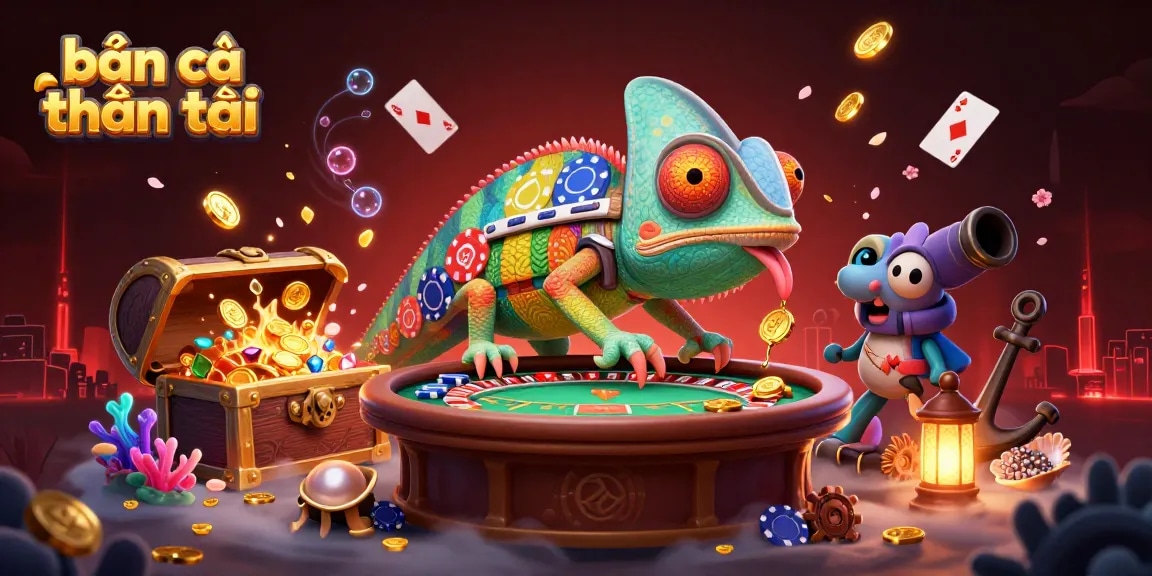 Bắn cá thần tài showcases a vibrant underwater casino scene with a chameleon owner and treasures.