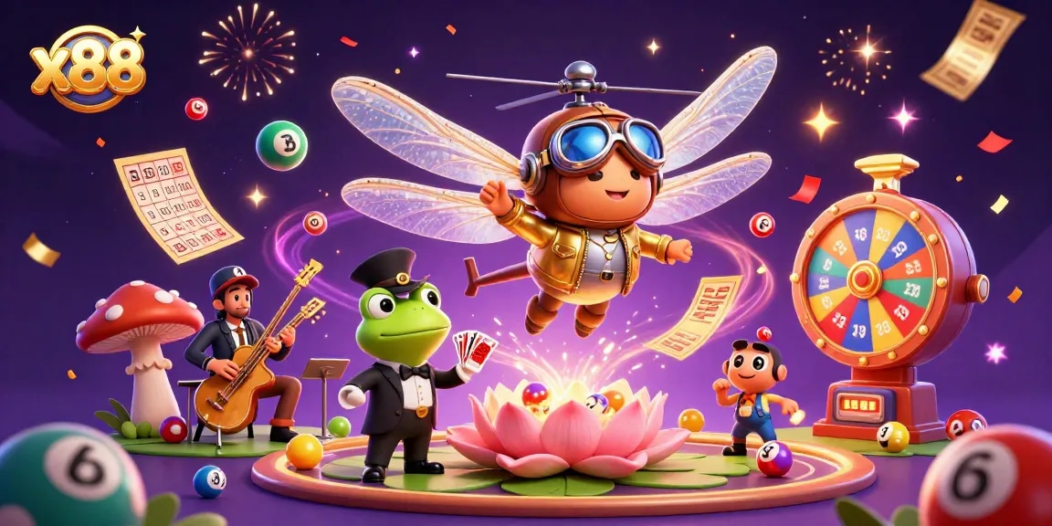 x88 gamers enjoy vibrant casino setup with a dragonfly pilot and frog dealer at the lily pad.