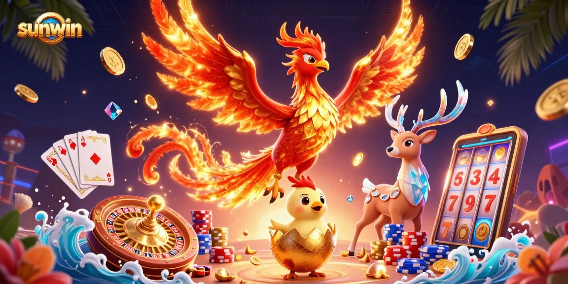 Experience the thrills of sunwin with vibrant casino elements, phoenixes, and jackpot excitement.