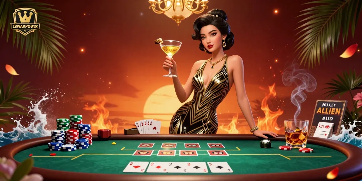 Experience LUWAKPOKER with an elegant Asian woman at a vintage casino table, showcasing poker chips and glamorous elements.
