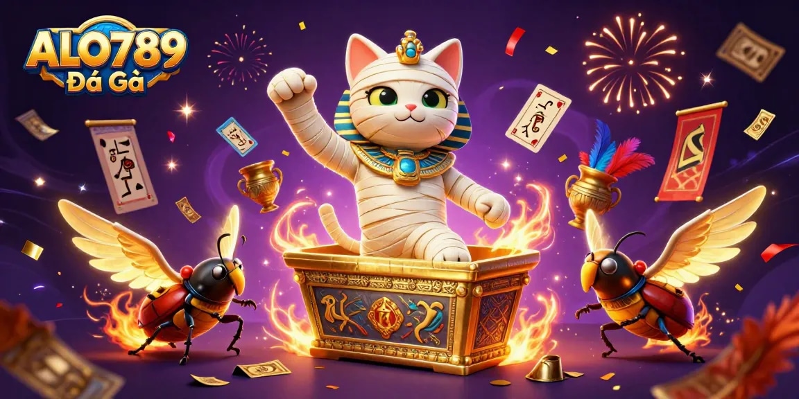 Bet on ALO789 Đá Gà with dynamic scene featuring a cartoon mummy cat and glowing scarab, highlighting cockfighting excitement.