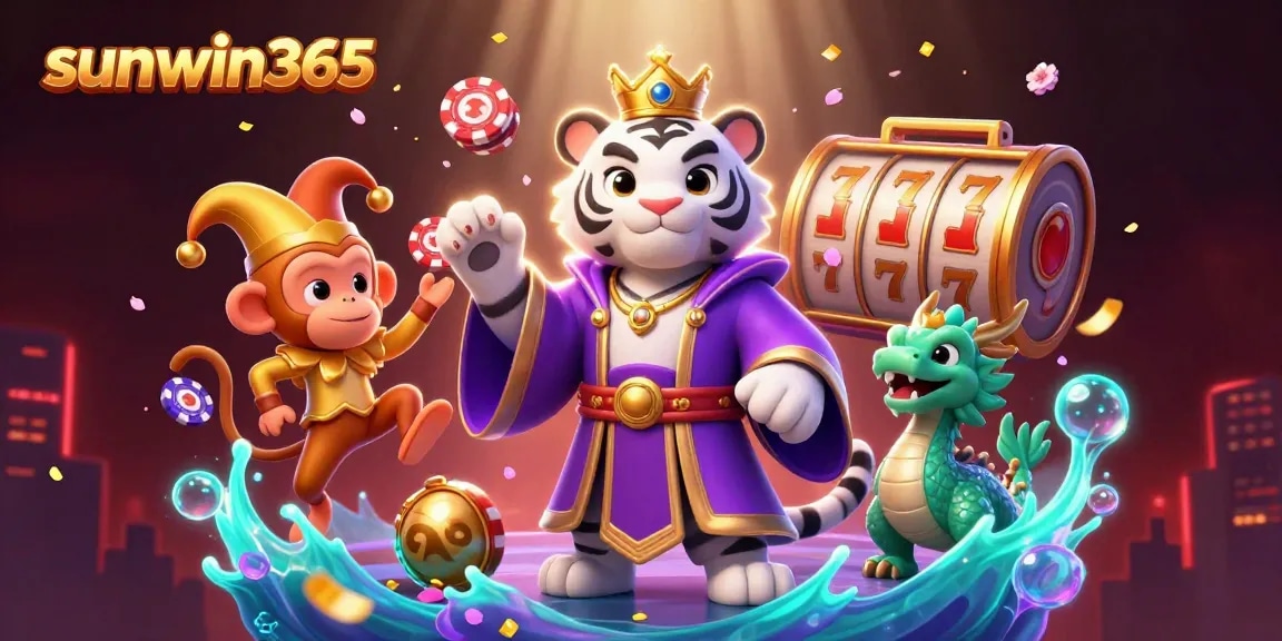 Experience the excitement of sunwin365 with vibrant casino characters, slot reels, and festive elements.