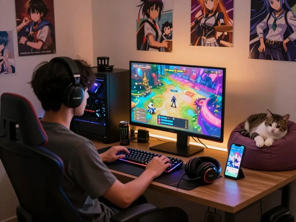 Playing a hentai game on a desktop with colorful graphics and gaming accessories in a cozy room.