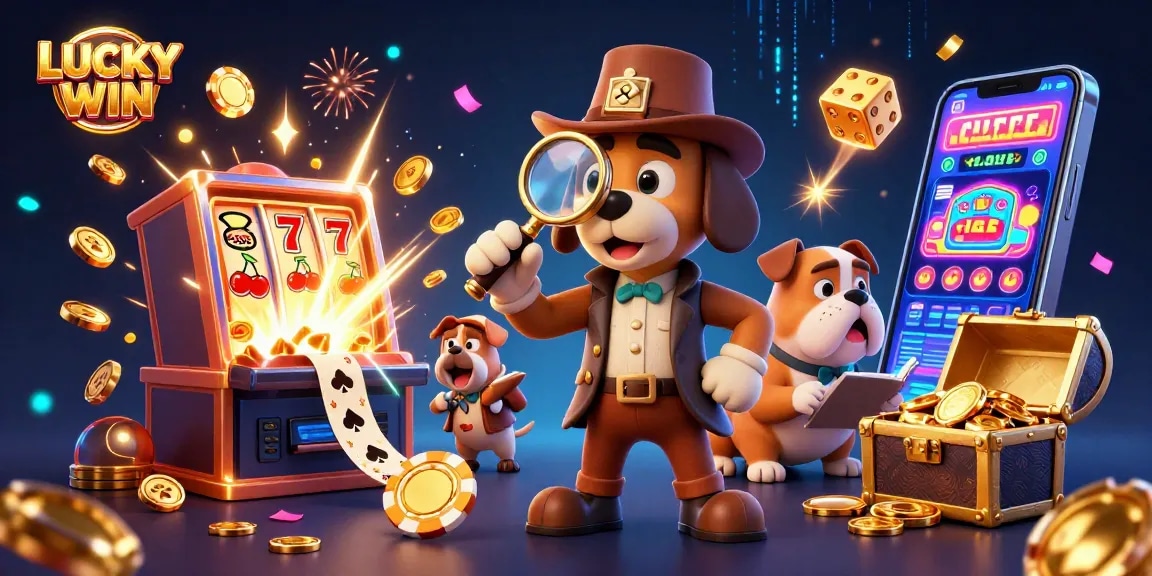 LUCKY WIN enhances gameplay with a vibrant 3D slot machine and cartoon characters in action.