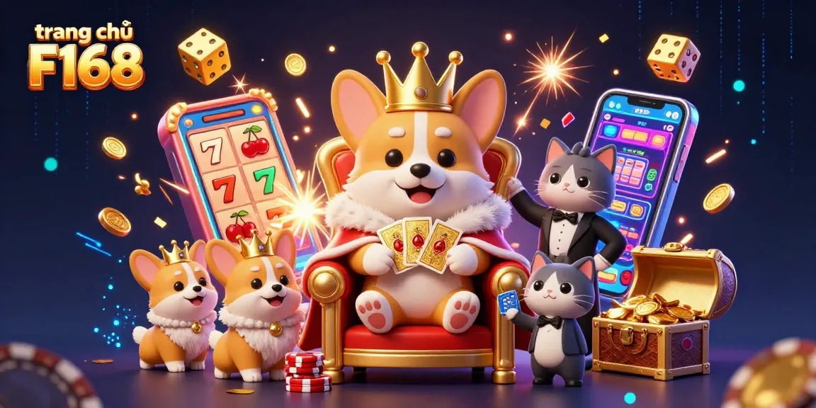 Enjoy the exciting world of trang chủ F168 with a royal corgi at the casino's throne, surrounded by games and treasures.