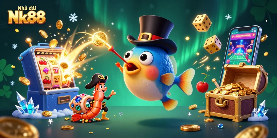 Experience thrilling wins at Nhà cái Nk88 with dynamic casino games illustrated in a vibrant 3D scene.
