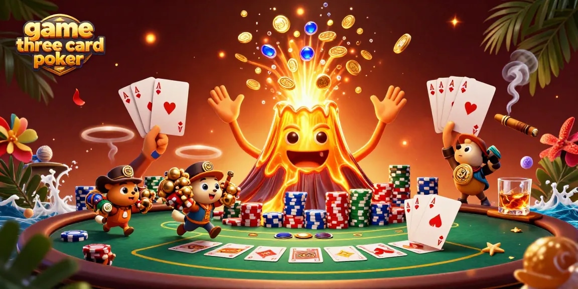 Engage in the game three card poker as treasure bursts forth from a golden volcano illustration.
