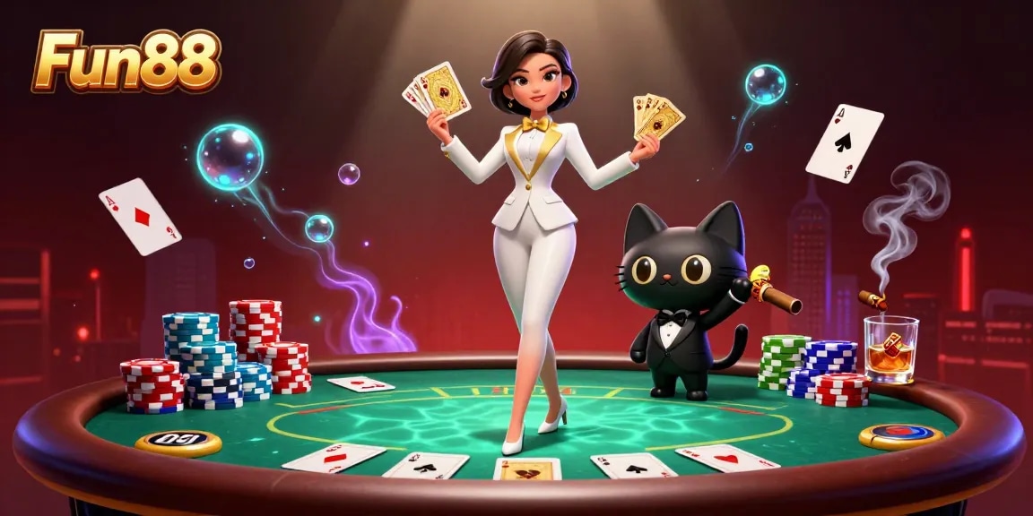 Engage with Fun88 at an exhilarating 3D poker scene featuring a glamorous dealer and vibrant chips.