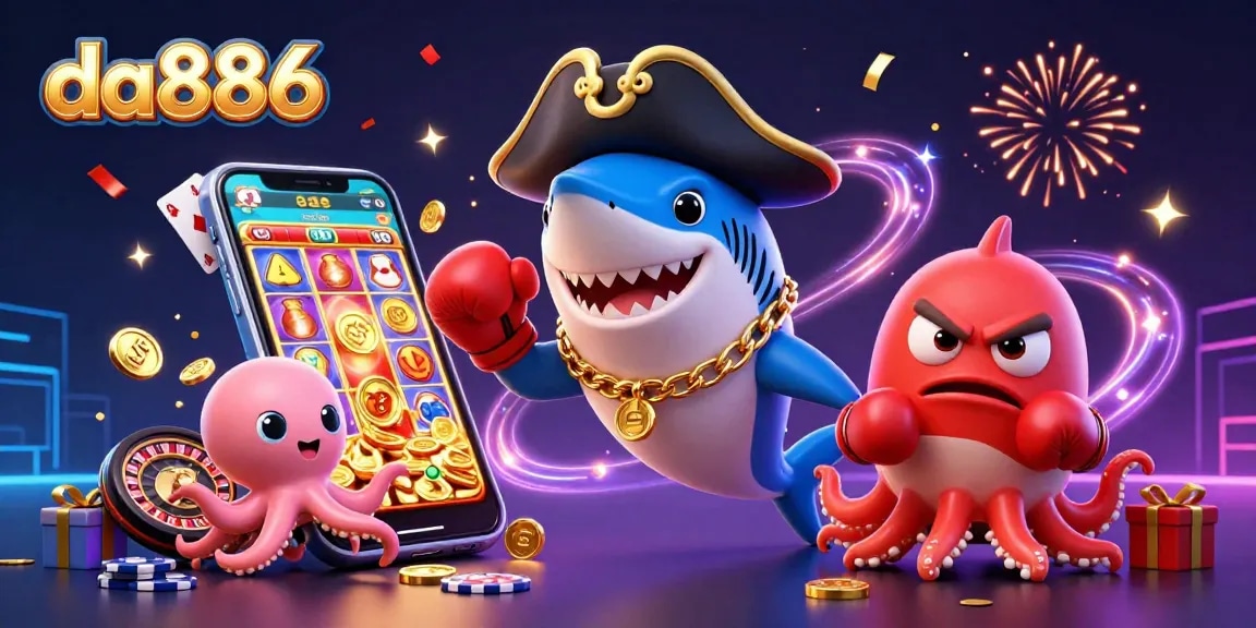 Join the excitement of da886 with a lively 3D scene featuring gaming characters and colorful casino elements.