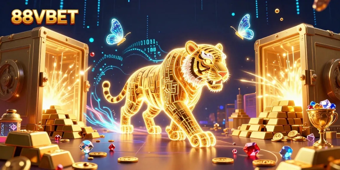 Engage with exciting 88VBET casino adventures, highlighted by a neon wireframe tiger in a vibrant landscape.