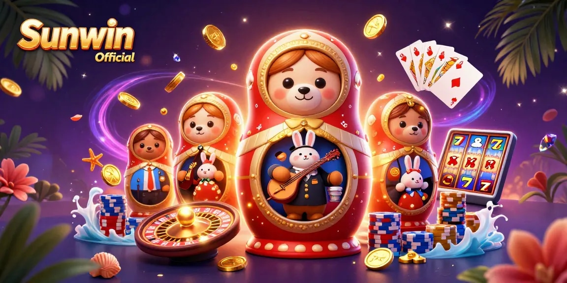 Sunwin Official showcases captivating casino gameplay featuring playful bear dealers, winning coins, and vibrant atmosphere.