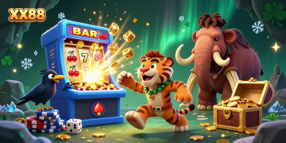 Engage with the thrilling world of XX88, featuring a dynamic scene with a caveman and sabertooth duo running a casino.