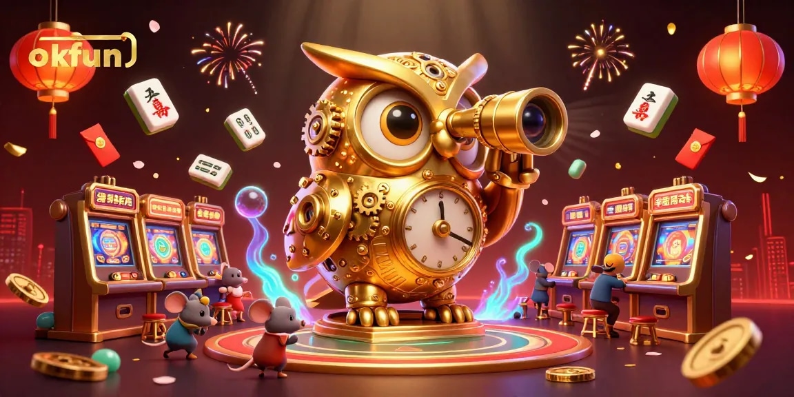 Stake wins at okfun while exploring a vibrant casino scene with a golden owl amidst lively game elements.