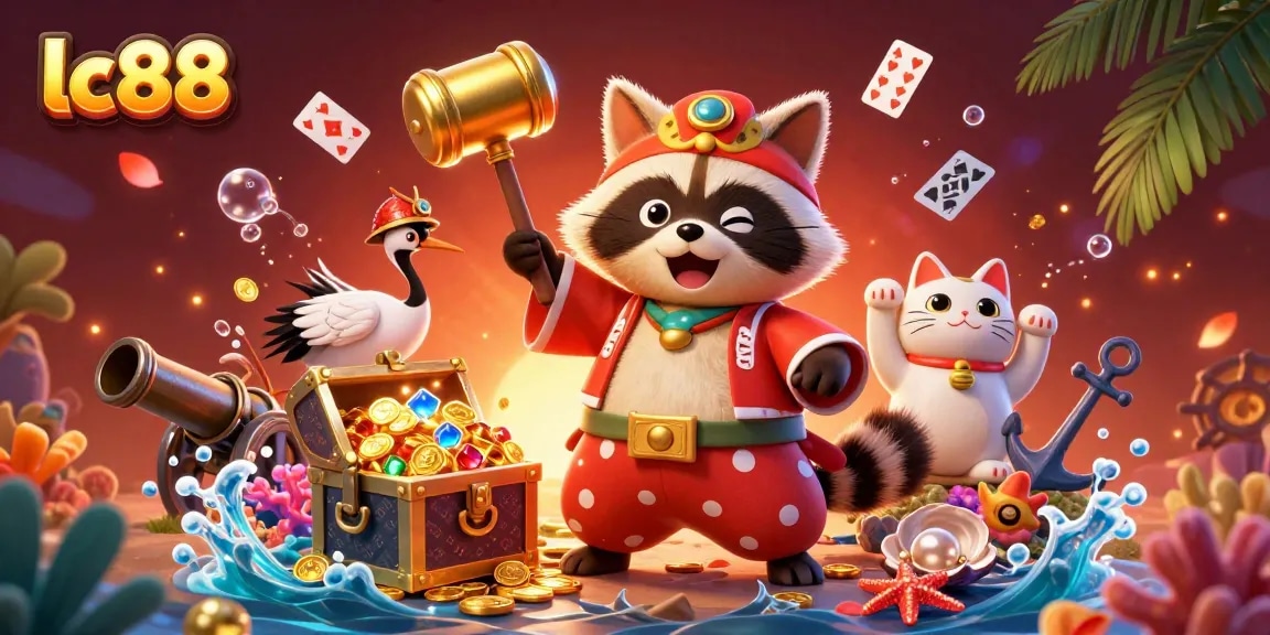 Experience the excitement of lc88 with a vibrant 3D scene featuring a cheerful tanuki, crane, and fortune cats celebrating the thrill of gaming.
