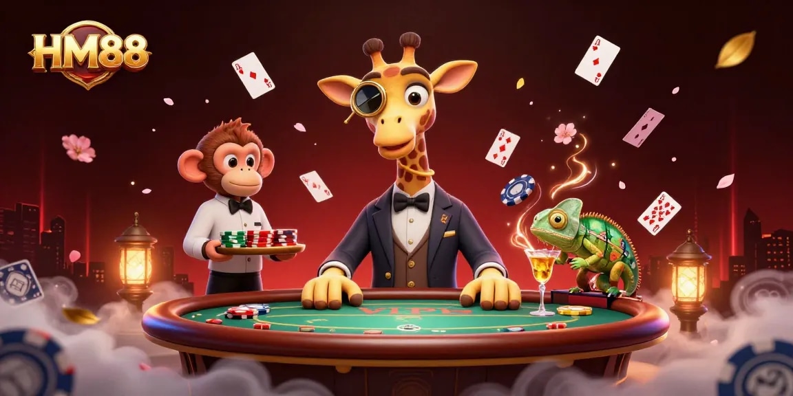 HM88 players celebrating big wins at a vibrant online casino with lively characters and sparkling game elements