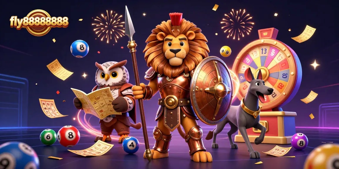Engage with fly88888888 in an exciting casino adventure featuring lottery elements and vibrant characters.