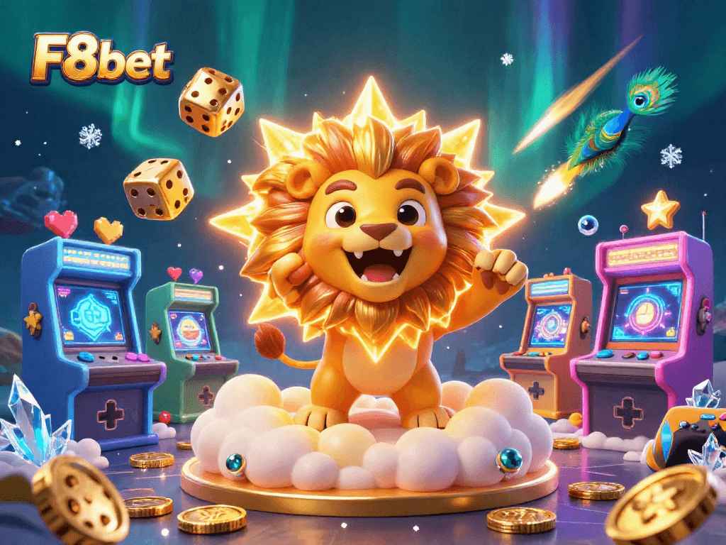 Experience the thrill of F8bet with vibrant gaming elements and dynamic characters in this 3D casino illustration.