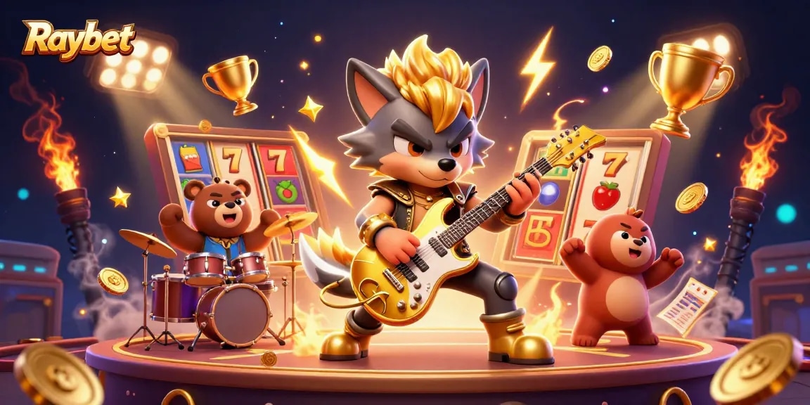 Experience thrilling gameplay at Raybet with a cartoon wolf rock star captivating the casino stage.