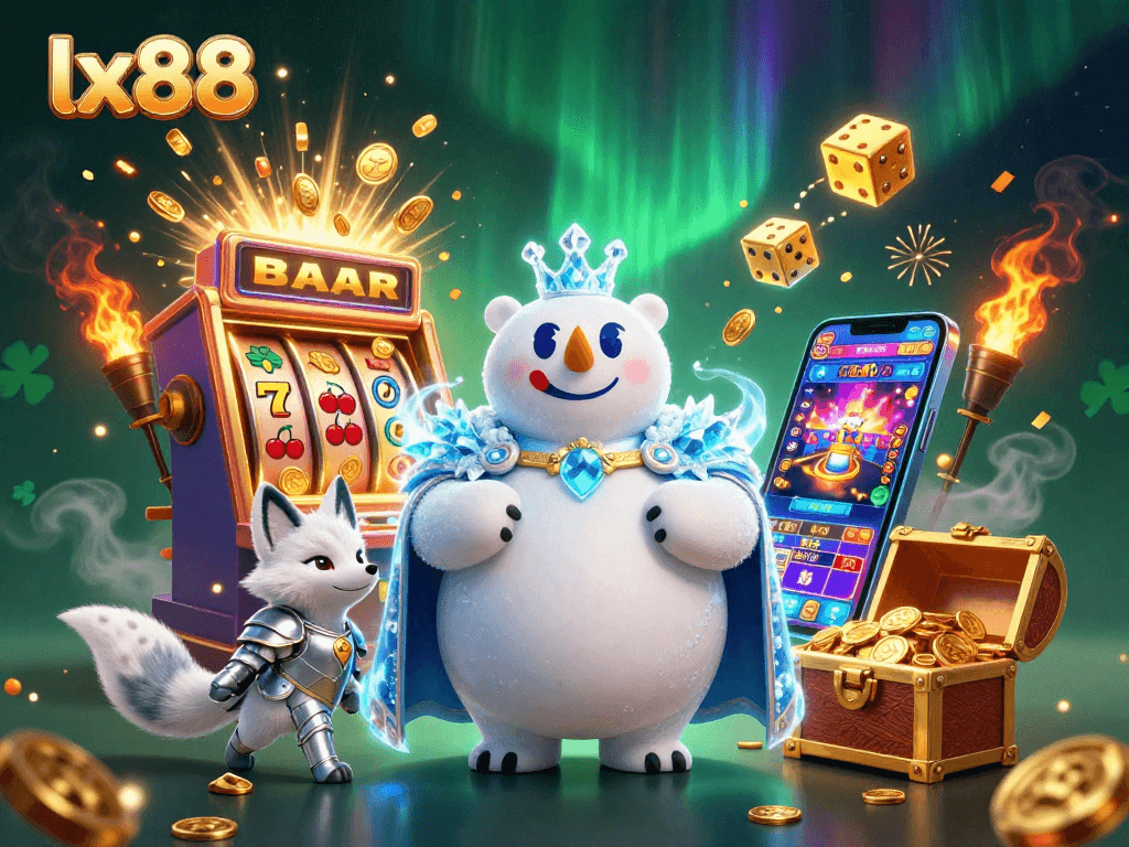 Experience thrilling jackpots at lx88 with slot machines and 3D characters in a vibrant casino scene.