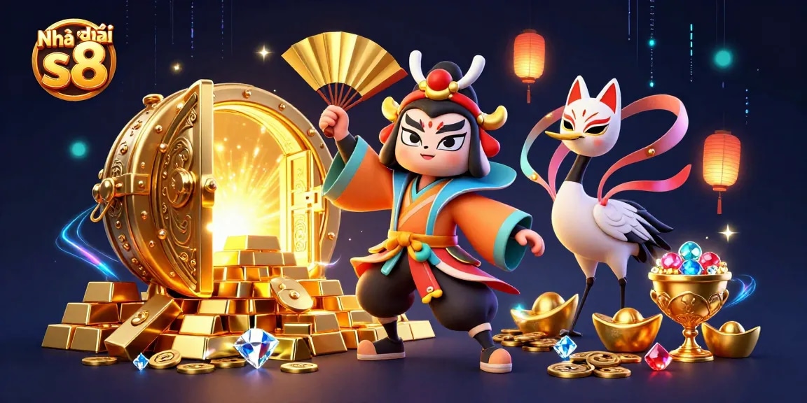 Engage in thrilling entertainment at Nhà cái s8 with vibrant 3D characters and an energetic casino scene filled with treasures.