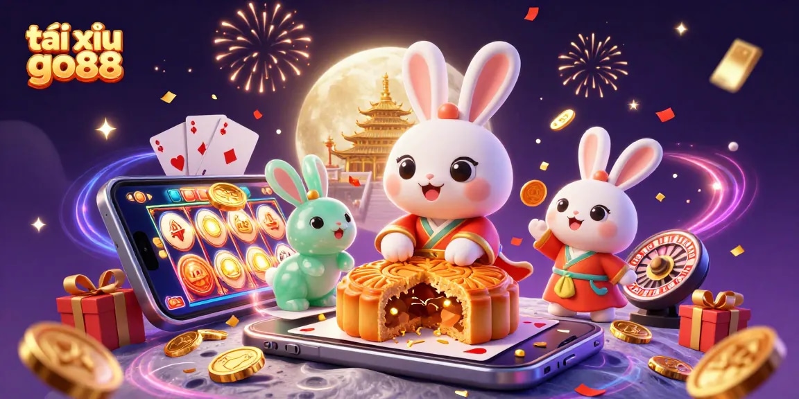 Tài xỉu go88’s lively illustration showcases a moon rabbit creating winning moments with poker chips and slots.