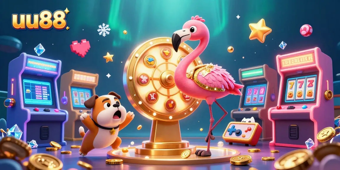 Spin and win with uu88 in a vibrant casino-themed 3D illustration featuring dynamic characters and game elements.