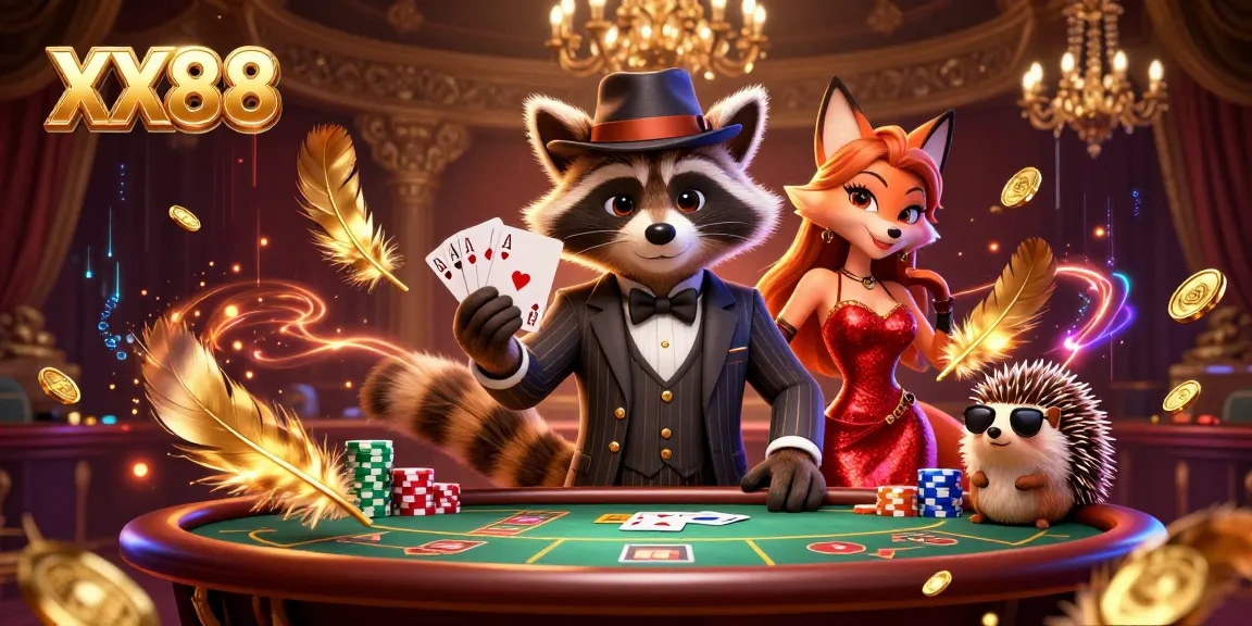 Win big at XX88 with a suave raccoon and charming fox at the casino table.