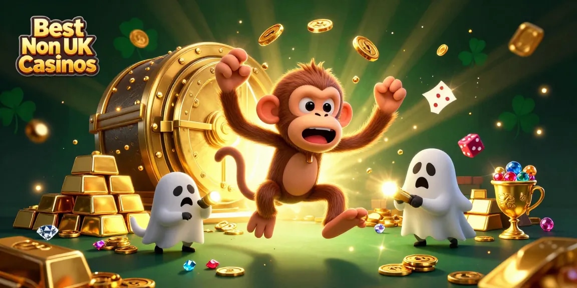 Experience the thrill of the Best Non UK Casinos with our lively casino-themed illustration and golden treasures.