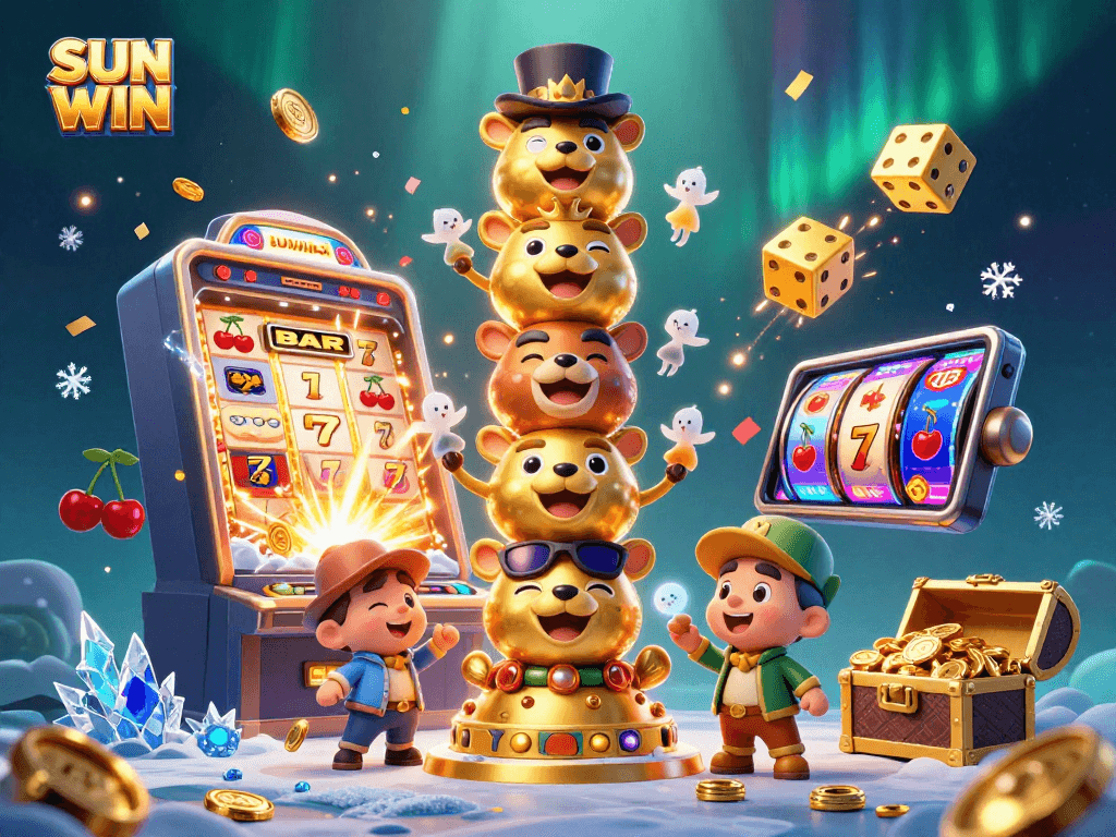 SUN WIN highlights a dynamic scene with a golden totem pole and vibrant slot machine action.