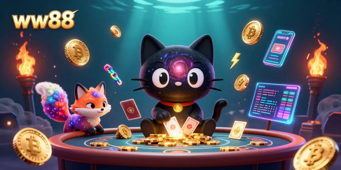 Win big at ww88 with the cosmic cat and fox in a vibrant 3D casino setting.