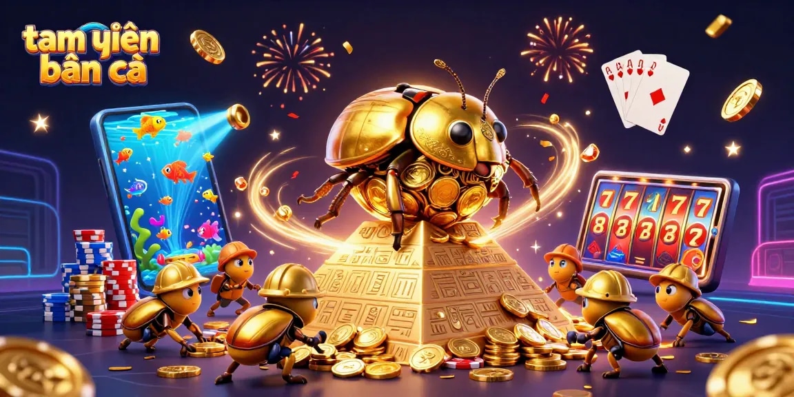 Experience tam tiên bắn cá action with vibrant graphics of a gold beetle and fish shooting elements