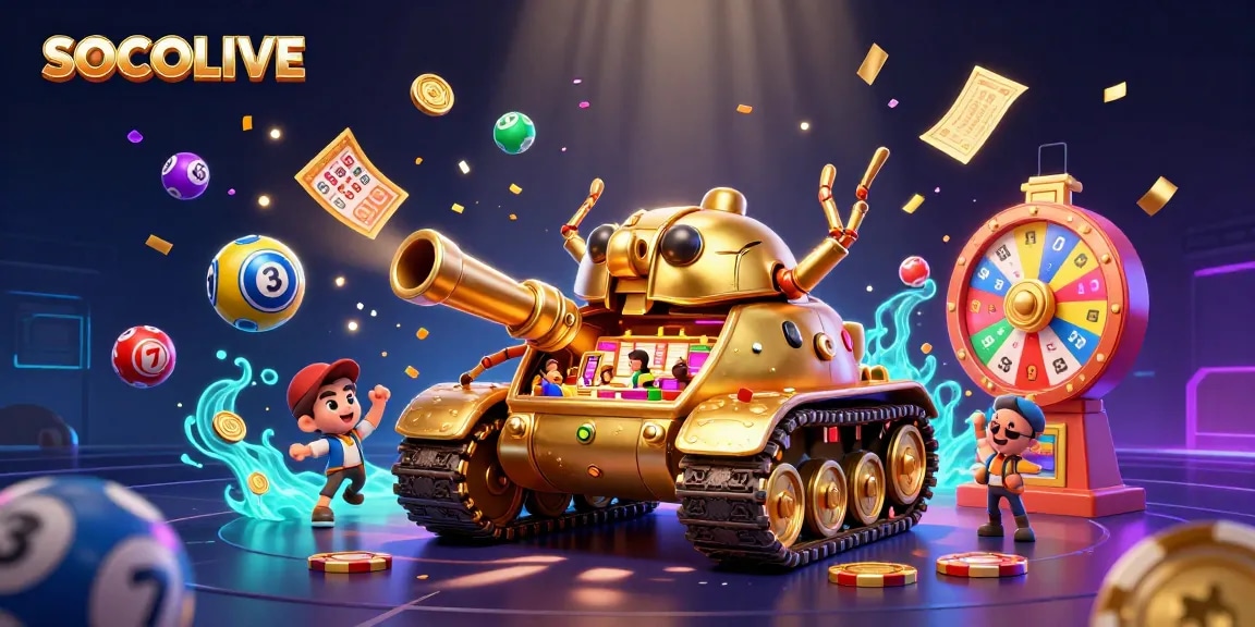 SOCOLIVE showcases a vibrant casino experience with a golden beetle tank celebrating big wins.