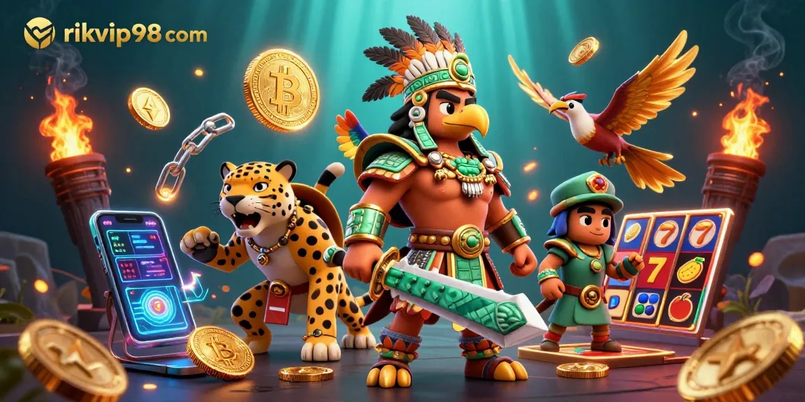 Experience thrilling wins at rikvip98 com with a dynamic 3D Aztec-themed casino illustration