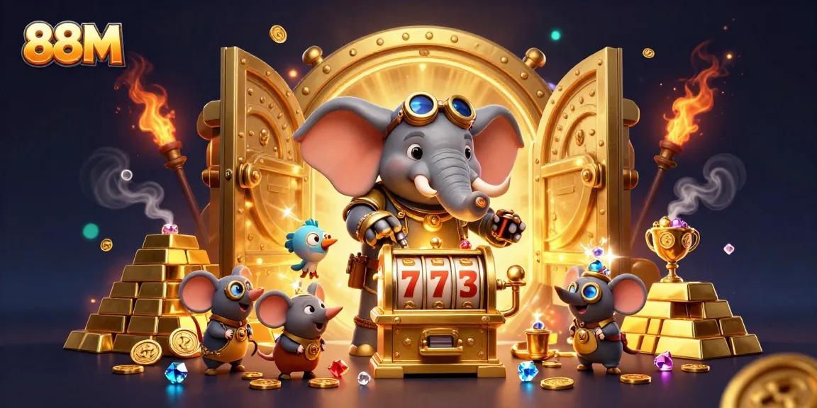 Spin the golden slot machine with 88M for big wins, enveloped in gems and treasures!