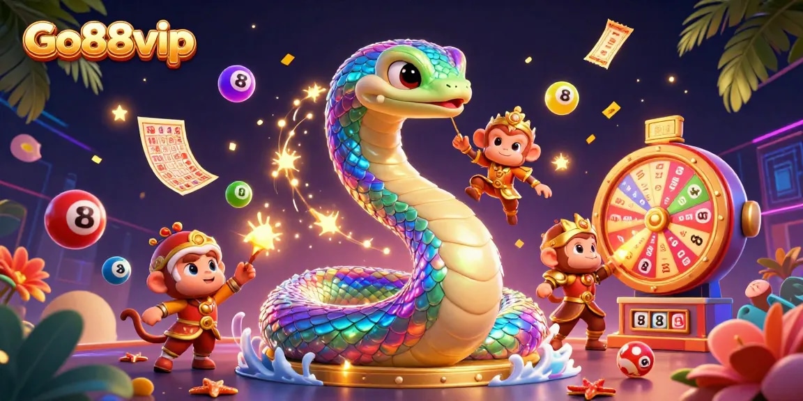 Join the excitement at Go88vip with a vibrant 3D scene featuring games, jackpot elements, and magical characters.