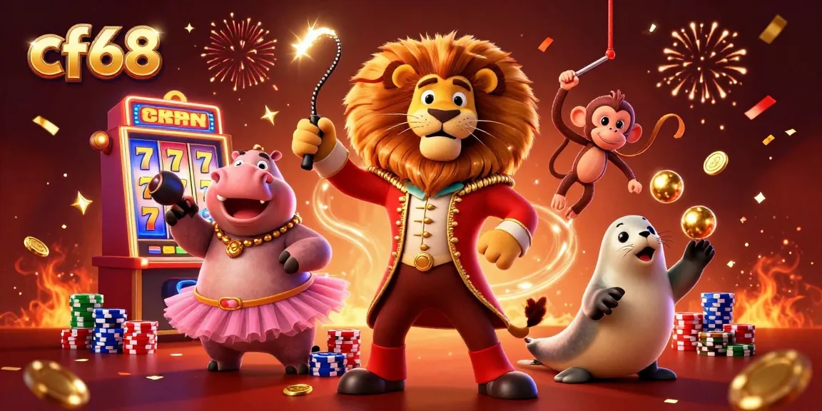 Experience exciting games at cf68, featuring a vibrant slot machine and festive circus characters.