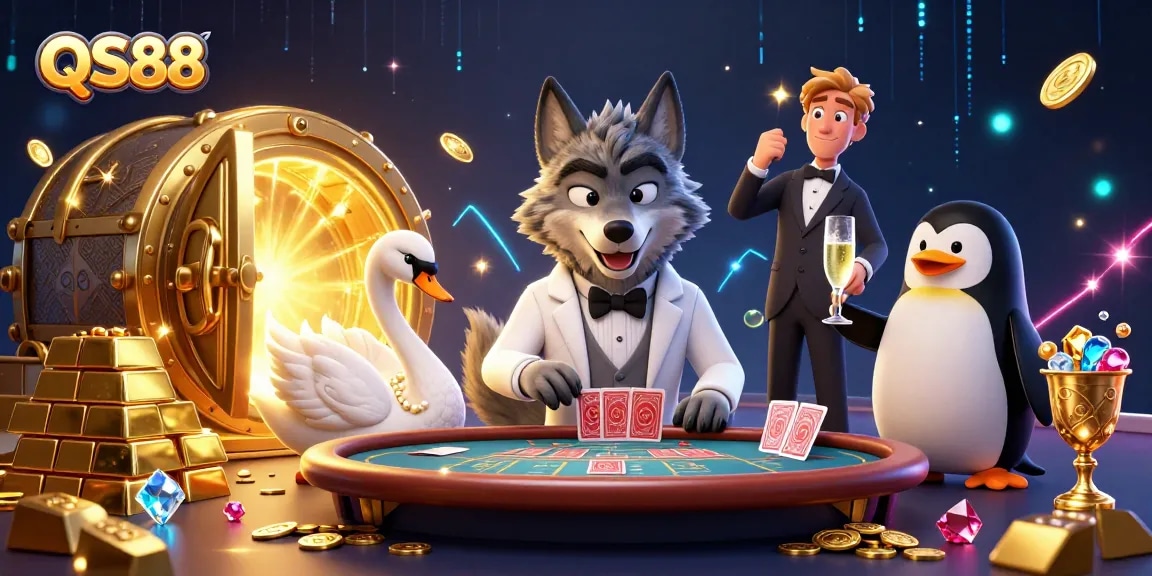 Experience QS88 casino gaming with a debonair wolf, elegant swan dealer, and penguin sommelier.
