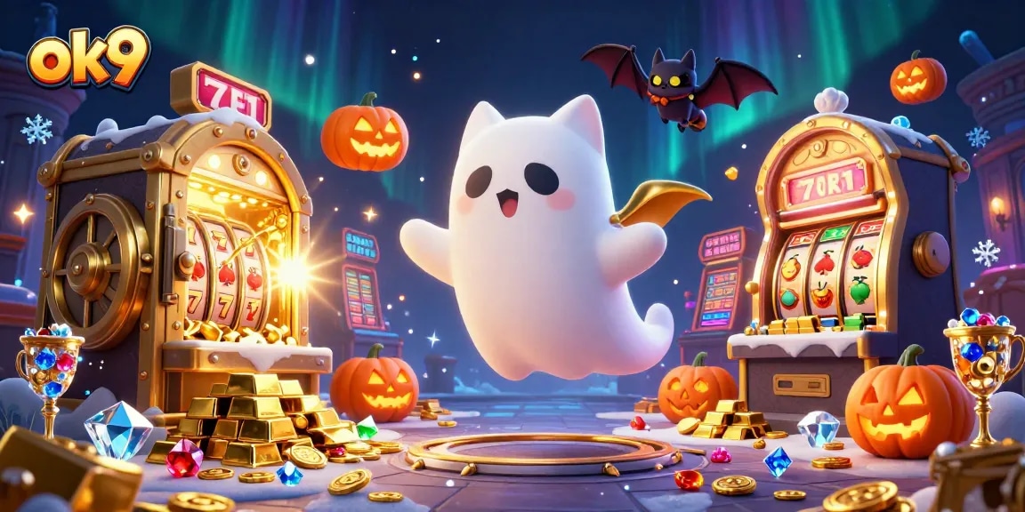Experience thrilling gameplay at ok9 with a ghost cat and vampire bat in a haunted casino scene.