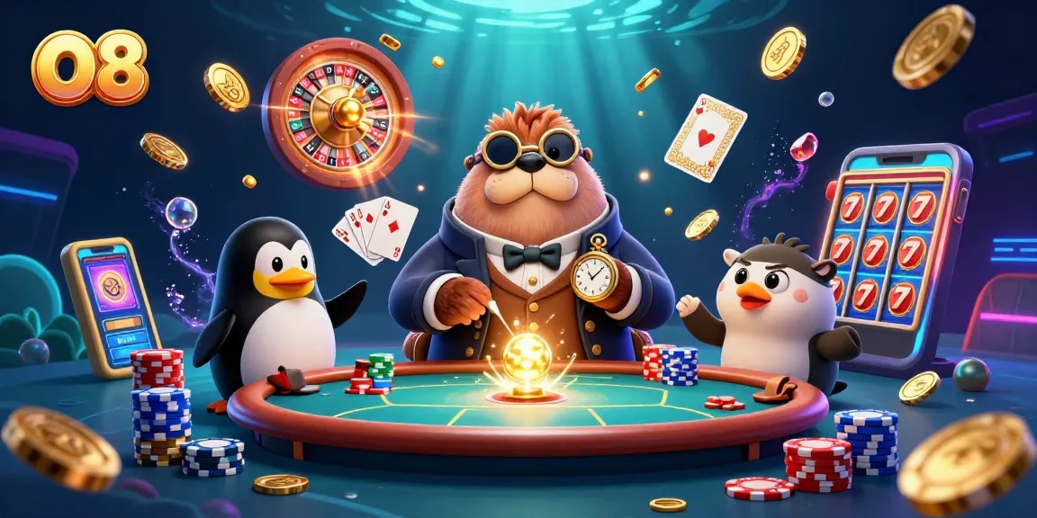 O8 players enjoying an underwater poker game with a cartoon walrus, dealer penguin, and pufferfish.