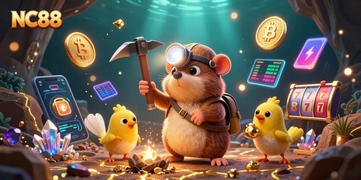 Engage with NC88 in a vibrant 3D casino scene showcasing dynamic slot elements, glowing coins, and adventure.