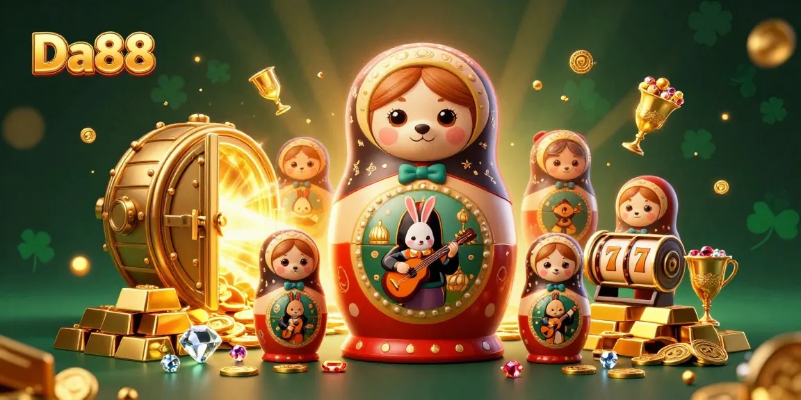 Experience the thrill of Da88 with our vibrant 3D casino illustration featuring joyous bears and dynamic game elements.