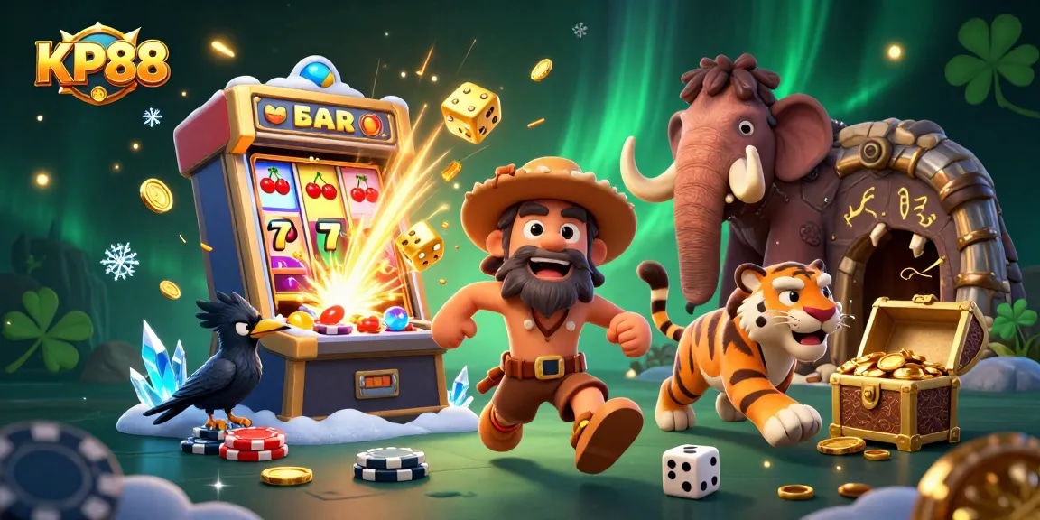 Experience thrilling gameplay at KP88 with a lively prehistoric casino scene featuring unique characters and dynamic elements.