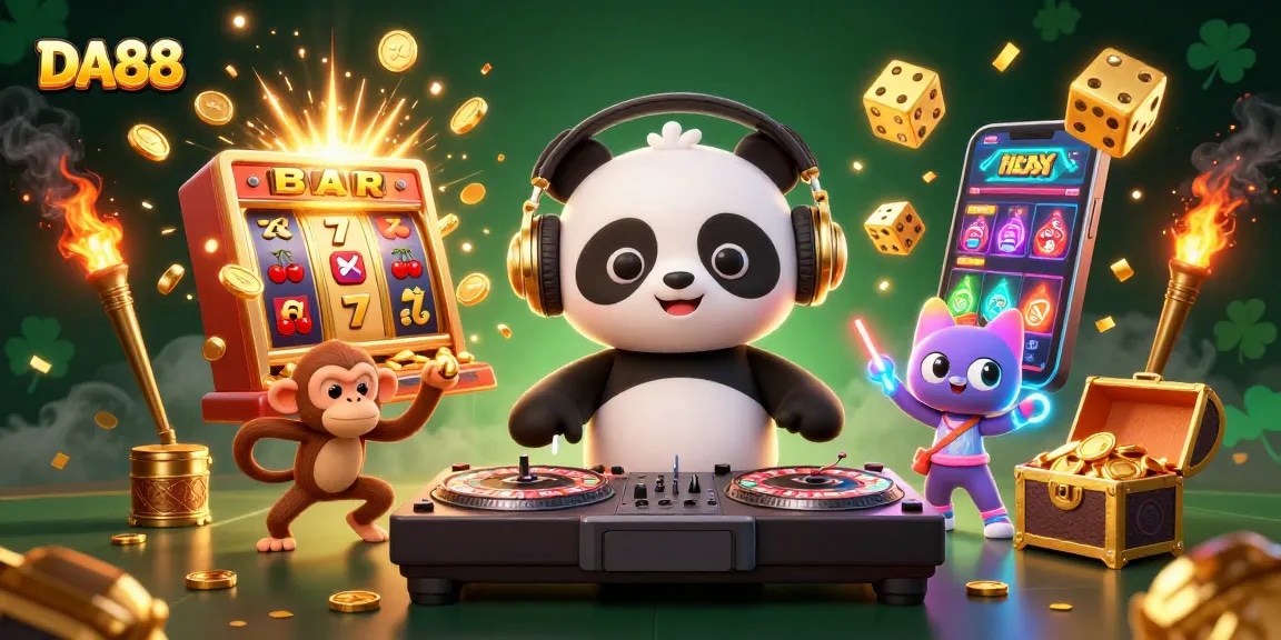 Experience DA88 excitement with a vibrant 3D casino scene featuring dynamic characters and thrilling game elements.