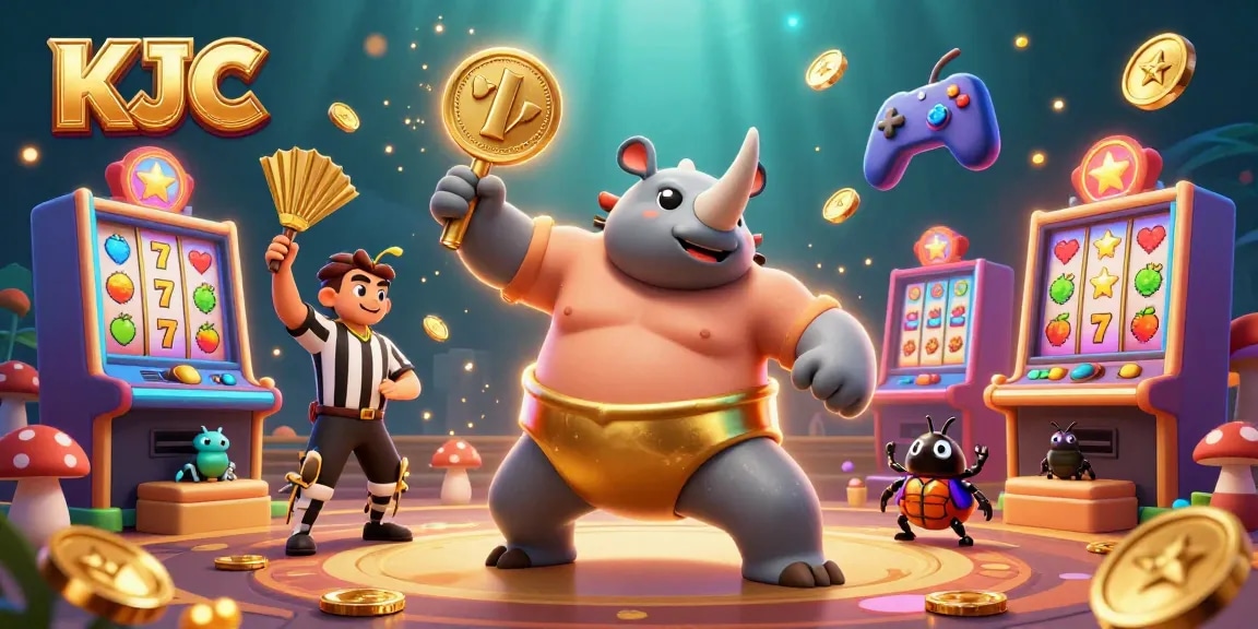 KJC showcases a thrilling casino scene featuring a sumo beetle champion surrounded by slot machines and golden coins.