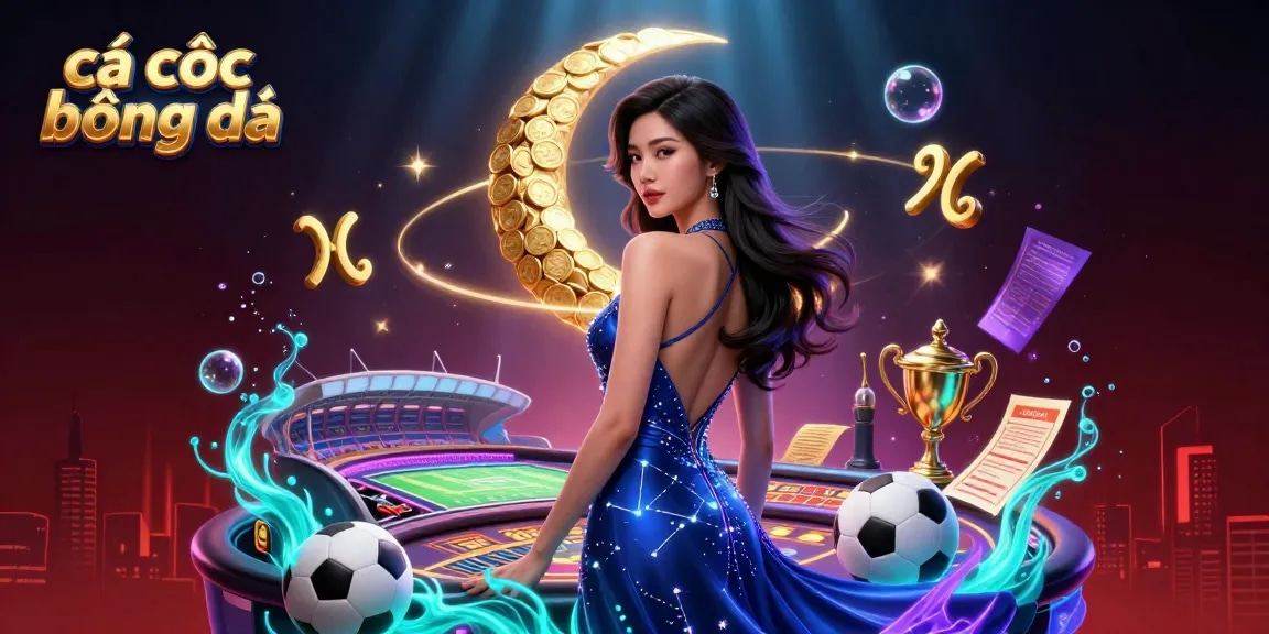 Engage in cá cược bóng đá with dynamic betting elements and an elegant character in a vibrant scene.